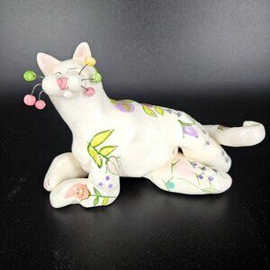 Annaco Creations Lying Cat Figurine Ceramic Floral Signed Amy Lacombe 2001